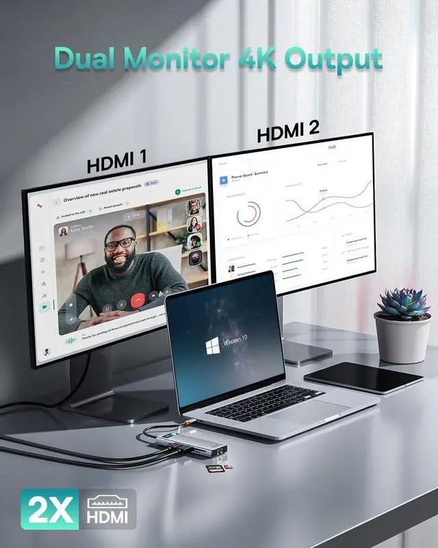 Alt view image 3 of 6 - Baseus Laptop Docking Station Dual Monitor, 9 in 1 USB C Hub with 1000Mbps LAN, 2 HDMI 4K, 100W PD, SD/TF Card Reader, 3 USB, USB C Dock Compatible with MacBook/Dell/HP/Surface/Lenovo/Steam Deck