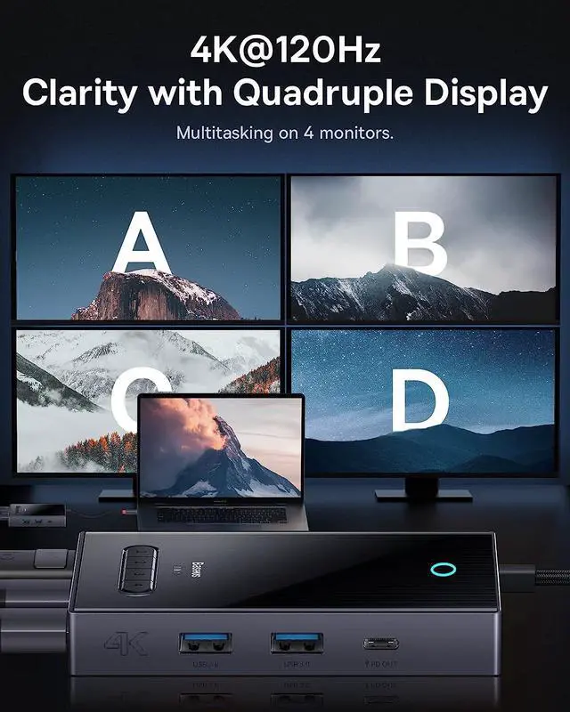 Alt view image 2 of 7 - Baseus Laptop Docking Station Quadruple Display, USB C Docking Station Dual Monitor with 2 HDMI 4K, 120Hz DisplayPort, VGA, 100W PD, USB A&C 3.0 Ports, HDMI Splitter for Dell/HP/Lenovo/MacBook