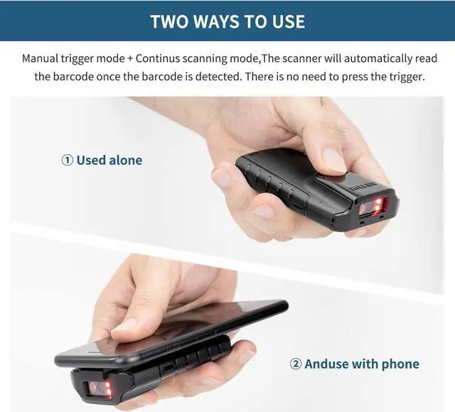 Alt view image 3 of 7 - Bluetooth 2D Barcode Scanner, 3-in-1 Small Portable QR Bar Code Reader Automatic Wireless Gun Scan Back Clip Work with Tablet iOS Android Windows MacOS for Warehouse Inventory POS