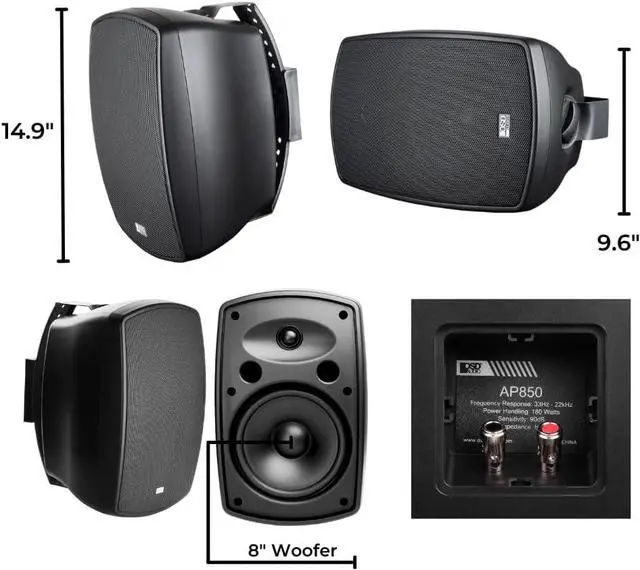 Alt view image 3 of 5 - OSD 8" Outdoor Patio Speaker Pair 200W, Full Motion Bracket, Weatherproof IP54 Rated, Aluminum Grilles, Black AP850