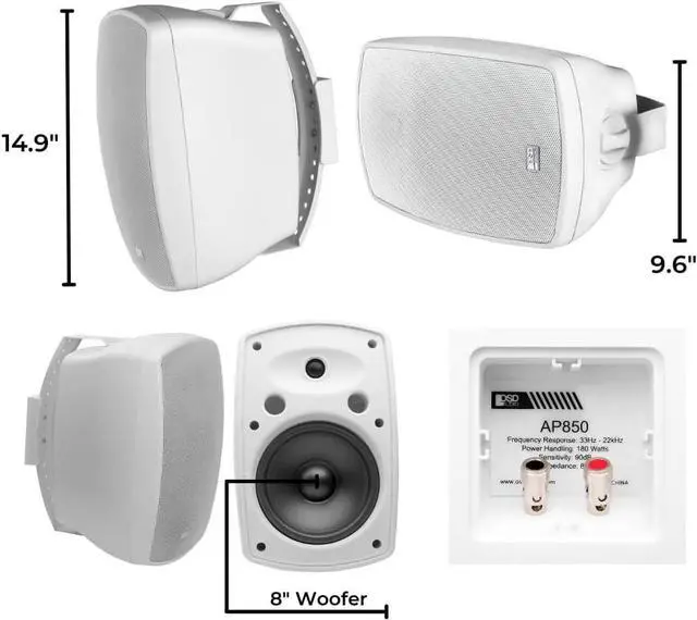 Alt view image 3 of 5 - OSD 8" Outdoor Patio Speaker Pair 200W, Full Motion Bracket, Weatherproof IP54 Rated, Aluminum Grilles, White AP850