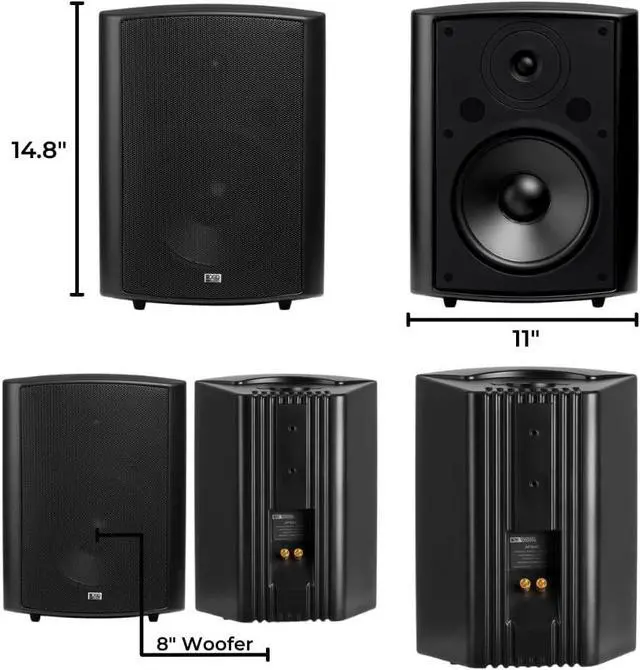 Alt view image 3 of 5 - OSD 8" Outdoor Patio Speaker Pair 180W, Weatherproof IP54 Rated Aluminum Grilles, Black AP840
