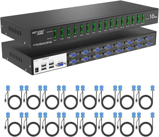Main image of 16 Port KVM Switch VGA + Cables Industrial Grade KVM Switch for 1U 19" Rack Mount KVM, Support Daisy Chain/Hotkey/OSD Menu