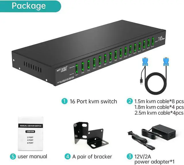 Alt view image 6 of 7 - 16 Port KVM Switch VGA + Cables Industrial Grade KVM Switch for 1U 19" Rack Mount KVM, Support Daisy Chain/Hotkey/OSD Menu