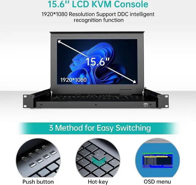 Alt view image 3 of 7 - Rack Mount KVM Console, 8 Port VGA KVM Switch w/15.6'' LCD Monitor, 1080P LCD KVM Console Integrated Touchpad+Keyboard+Drawer+8 KVM Cables
