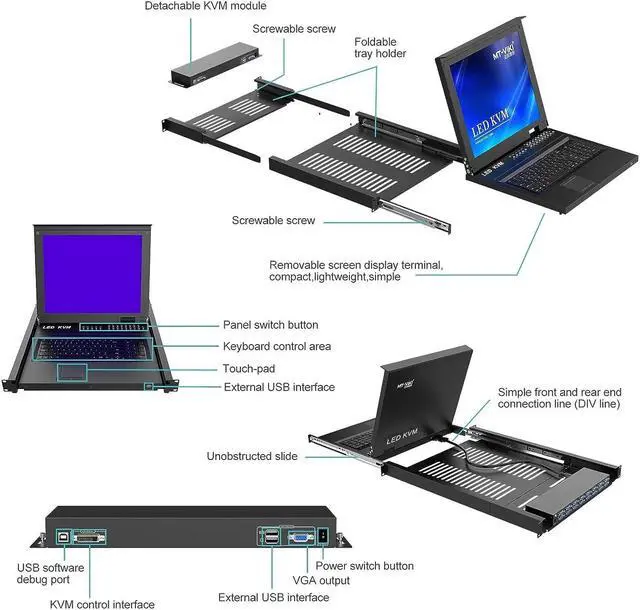 Alt view image 3 of 6 - Rack Mount KVM Switch, 16 Port VGA KVM Switch w/17'' LCD Monitor, LCD KVM Switch 1280x1024 Support OSD/Hotkey/Panel Button Switching, Included 16 USB/VGA KVM Cables