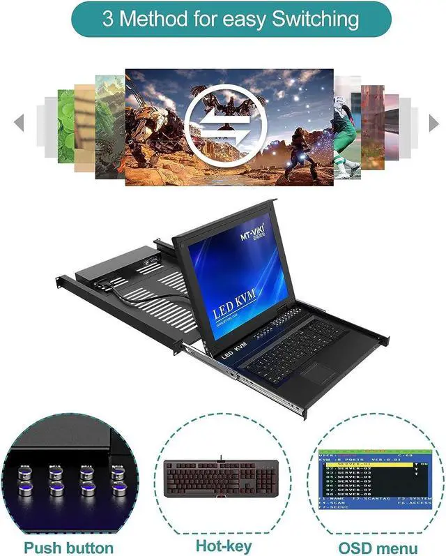 Alt view image 4 of 6 - Rack Mount KVM Switch, 16 Port VGA KVM Switch w/17'' LCD Monitor, LCD KVM Switch 1280x1024 Support OSD/Hotkey/Panel Button Switching, Included 16 USB/VGA KVM Cables