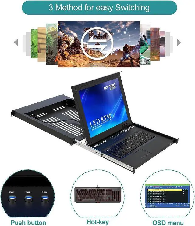 Alt view image 2 of 4 - 16 Port Rack Mount KVM Over IP Remote Access, IP KVM Console w/17'' LCD Monitor, 1 Local & 1 Remote Access, Included 16 KVM Cables