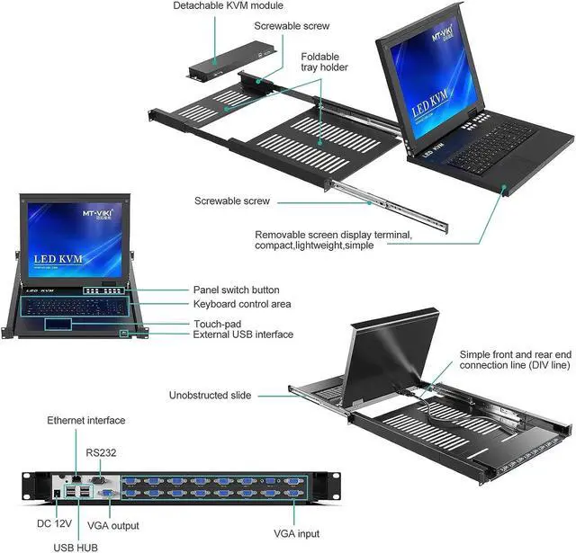 Alt view image 3 of 4 - 16 Port Rack Mount KVM Over IP Remote Access, IP KVM Console w/17'' LCD Monitor, 1 Local & 1 Remote Access, Included 16 KVM Cables