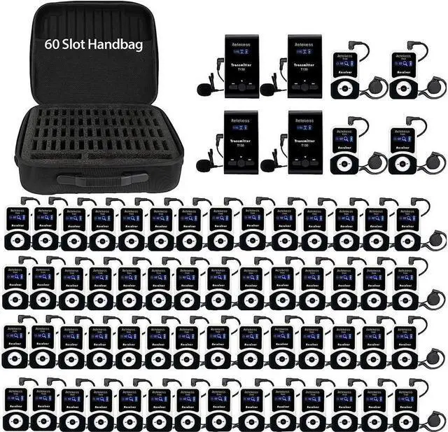 Main image of Retekess T130 Tour Guide System Wireless, Interpreter Device Portable 60 Slot Handbag, 4 Transmitters, 60 Receivers, for Church, Training, Translator