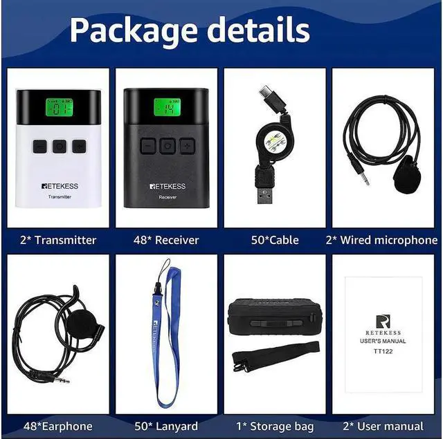 Alt view image 7 of 7 - Retekess TT122 Tour Guide Audio system, Translation Headset, Interpretation Equipment with Handheld 48 Slot Carry Bag, for Church, Factory, School (2 Transmitters 48 Receivers)