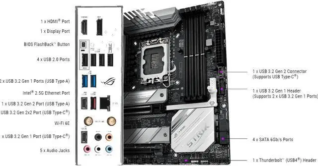 Alt view image 6 of 7 - ASUS ROG STRIX B760-G GAMING WIFI DDR5 Gaming Motherboard(Intel LGA1700 mATX ,4xDDR5,1xPCIe 5.0 x16, 2xM.2, 4 xSATA, USB3.2 Gen2x2 Type-C,1xHDMI, 1xDP,WiFi 6E 2.5Gb Ethernet, Aura Sync)