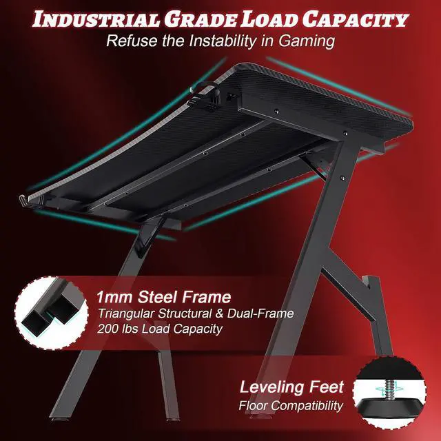 Alt view image 5 of 6 - 47 Inch Gaming Desk with Carbon Fibre Surface Large Computer Desk Gaming Table Ergonomic Pc Gaming Workstation Home Office Desks with Cup Holder & Headphone Hook