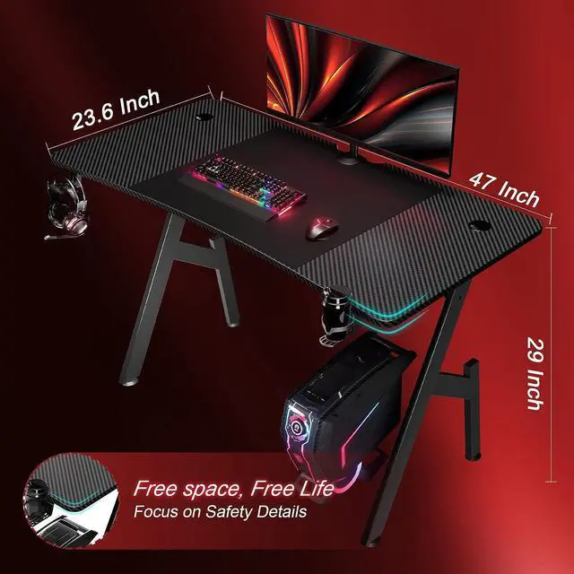 Alt view image 3 of 6 - 47 Inch Gaming Desk with Carbon Fibre Surface Large Computer Desk Gaming Table Ergonomic Pc Gaming Workstation Home Office Desks with Cup Holder & Headphone Hook