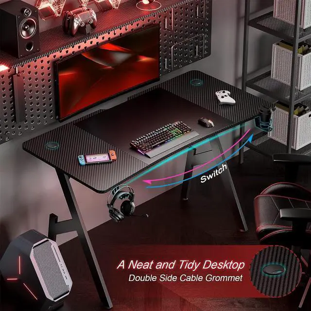 Alt view image 6 of 6 - 47 Inch Gaming Desk with Carbon Fibre Surface Large Computer Desk Gaming Table Ergonomic Pc Gaming Workstation Home Office Desks with Cup Holder & Headphone Hook