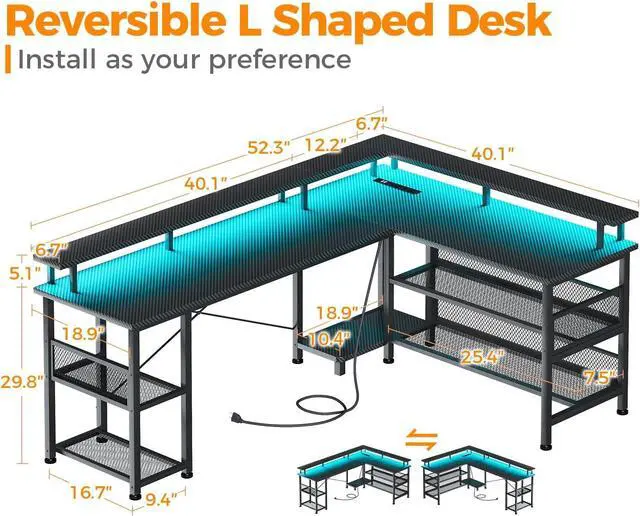 Alt view image 3 of 7 - L Shaped Gaming Desk with Power Outlet and LED Lights, 59" Reversible L Shaped Desk with Storage Shelves & Monitor Stand, Gaming Desk with USB Ports, Home Office Desk, Black Carbon Fiber - Black