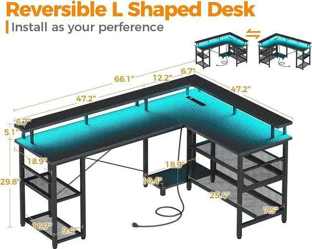 Alt view image 3 of 7 - 66" L Shaped Gaming Desk with Power Outlet and LED Lights, Reversible L Shaped Desk with Storage Shelves & Monitor Stand, Gaming Desk with USB Ports, Home Office Desk, Black Carbon Fiber - Black