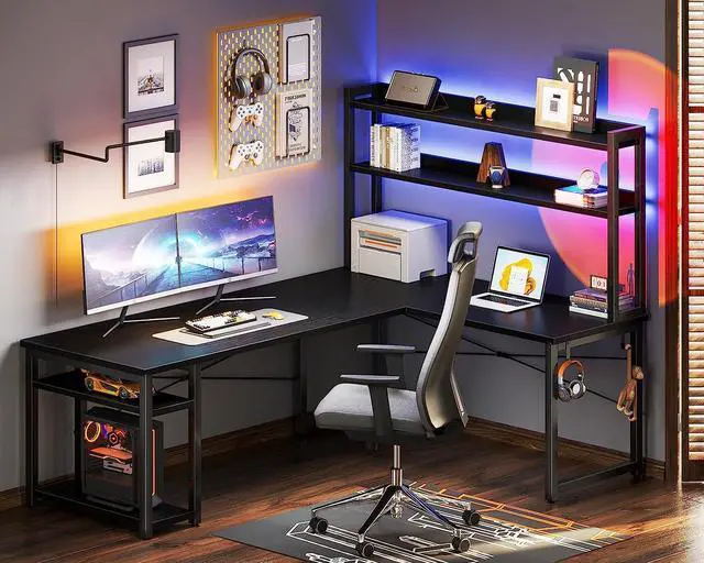 Alt view image 4 of 7 - 66" L Shaped Gaming Desk with Hutch, Computer Desk with Storage Shelves, L Shaped Desk for Home Office, Corner Desk with Headphone Hook, Black