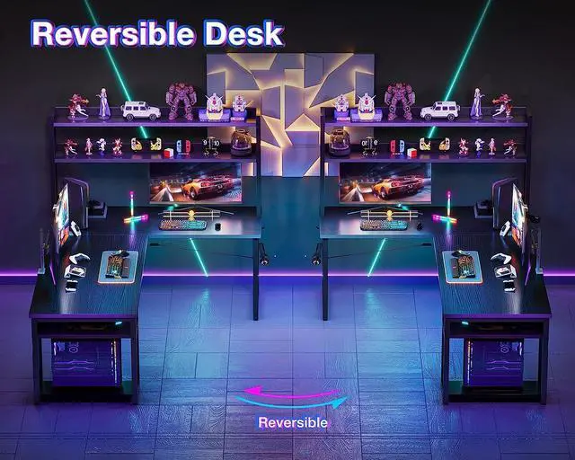 Alt view image 5 of 7 - 66" L Shaped Gaming Desk with Hutch, Computer Desk with Storage Shelves, L Shaped Desk for Home Office, Corner Desk with Headphone Hook, Black