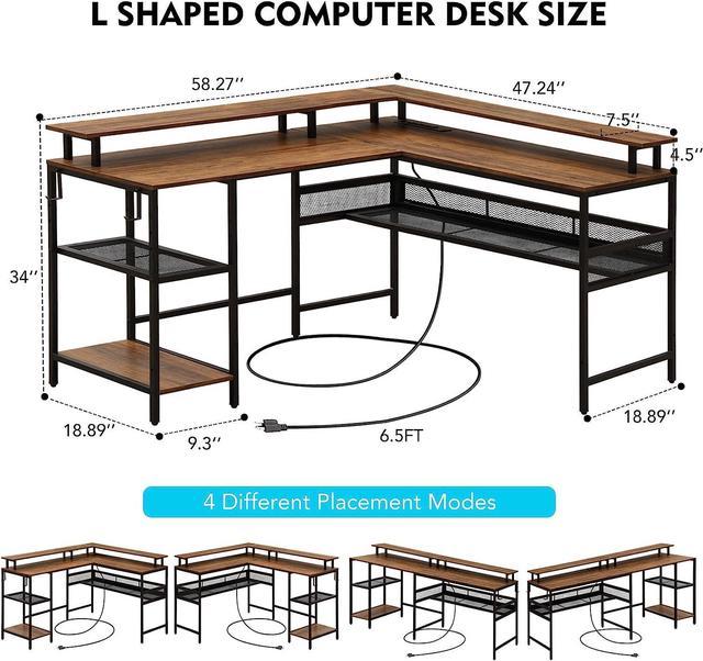 xrboomlife L Shape Computer Desk 58'' Office Desk with LED Light and  Bookshelf L Shaped Corner Desk with Shelves for Home Office Gaming Desk L  Desk