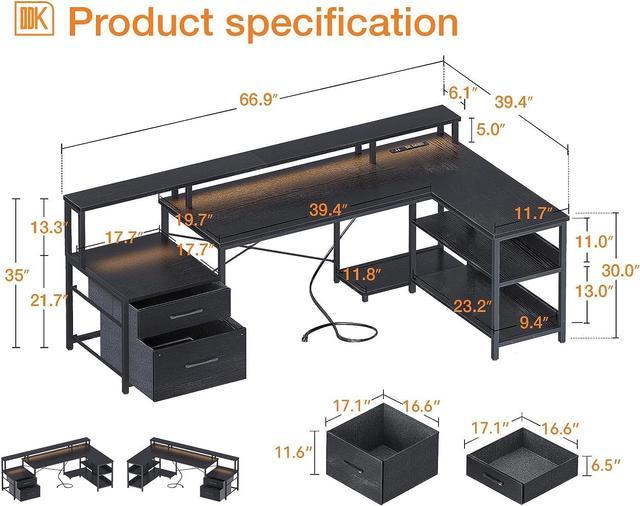  SZXKT L Desk,Home Office Desks,Reversible L Shaped Desk,66 Inch  Gaming Desk with Power Outlets Corner Computer Desk with Drawers Large  Writing Study Table Workstation with Hooks(Rustic Brown) : Home & Kitchen