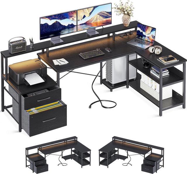 L Shaped Gaming Desk, 66 Home Office Desk with File Drawer & Power Outlet,  Gaming Desk with Led Lights, Corner Computer Desk with Monitor Shelf