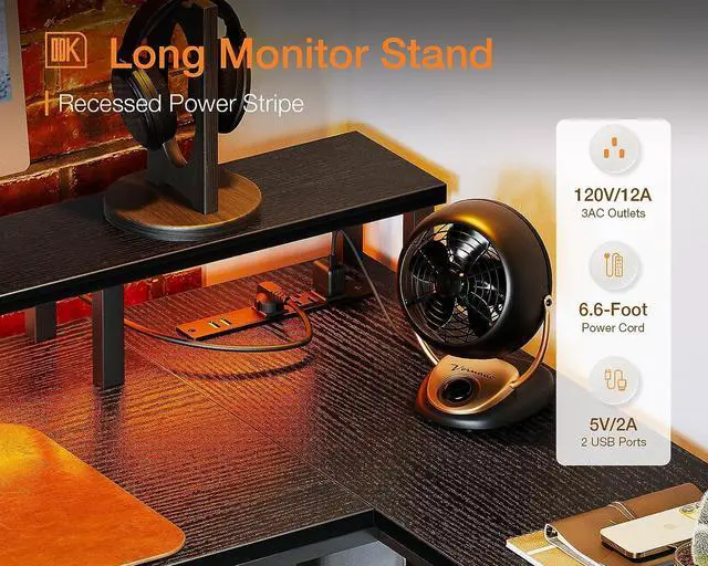 Alt view image 6 of 7 - 66" L Shaped Desk with File Drawer, Reversible L Shaped Computer Desk with Power Outlet & LED Strip, Home Office Desk with Storage Shelves, Gaming Desk with Monitor Shelf, Corner Desk, Black