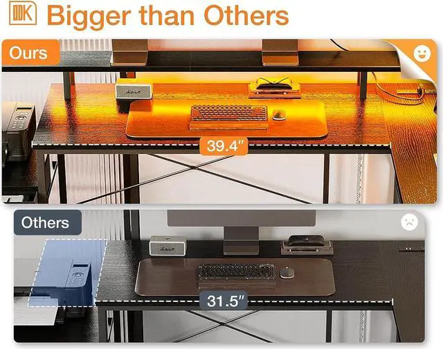 Alt view image 5 of 7 - 66" L Shaped Desk with File Drawer, Reversible L Shaped Computer Desk with Power Outlet & LED Strip, Home Office Desk with Storage Shelves, Gaming Desk with Monitor Shelf, Corner Desk, Black