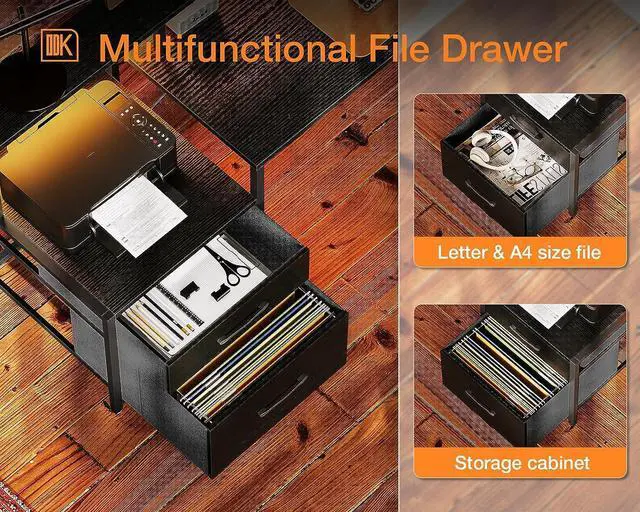 Alt view image 3 of 7 - 66" L Shaped Desk with File Drawer, Reversible L Shaped Computer Desk with Power Outlet & LED Strip, Home Office Desk with Storage Shelves, Gaming Desk with Monitor Shelf, Corner Desk, Black