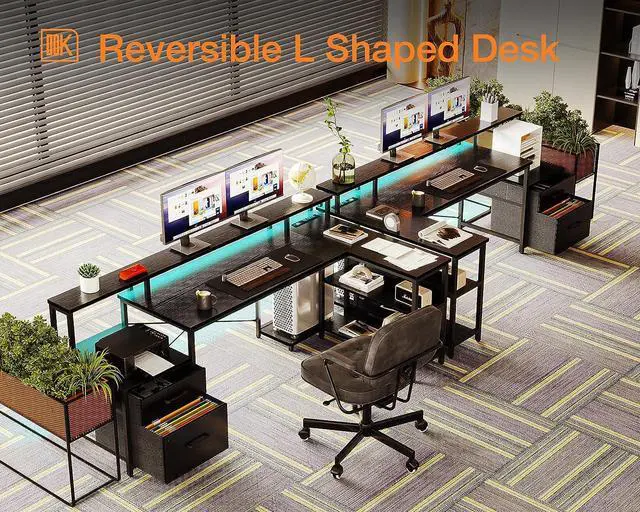 Alt view image 7 of 7 - 66" L Shaped Desk with File Drawer, Reversible L Shaped Computer Desk with Power Outlet & LED Strip, Home Office Desk with Storage Shelves, Gaming Desk with Monitor Shelf, Corner Desk, Black