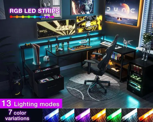 Alt view image 4 of 7 - 66" L Shaped Desk with File Drawer, Reversible L Shaped Computer Desk with Power Outlet & LED Strip, Home Office Desk with Storage Shelves, Gaming Desk with Monitor Shelf, Corner Desk, Black