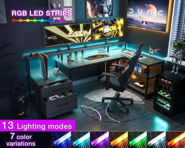 Alt view image 4 of 7 - 66" L Shaped Desk with File Drawer, Reversible L Shaped Computer Desk with Power Outlet & LED Strip, Home Office Desk with Storage Shelves, Gaming Desk with Monitor Shelf, Corner Desk, Grey