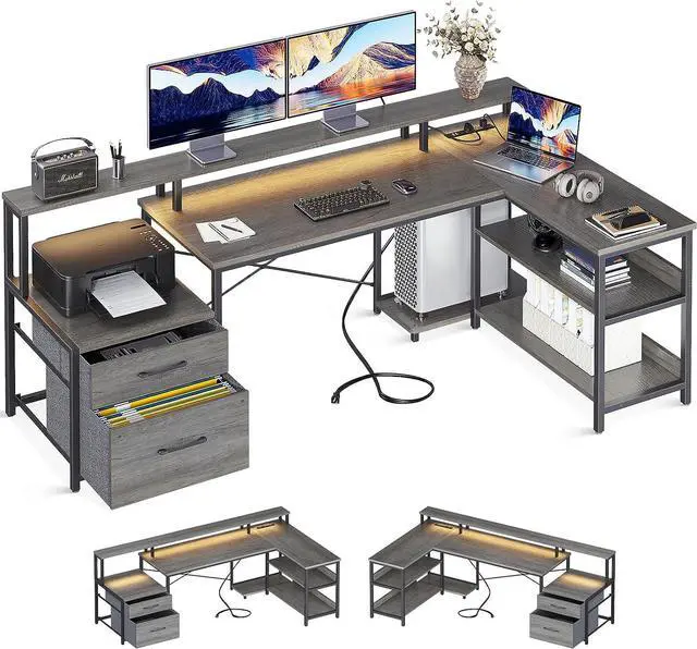 Main image of 66" L Shaped Desk with File Drawer, Reversible L Shaped Computer Desk with Power Outlet & LED Strip, Home Office Desk with Storage Shelves, Gaming Desk with Monitor Shelf, Corner Desk, Grey