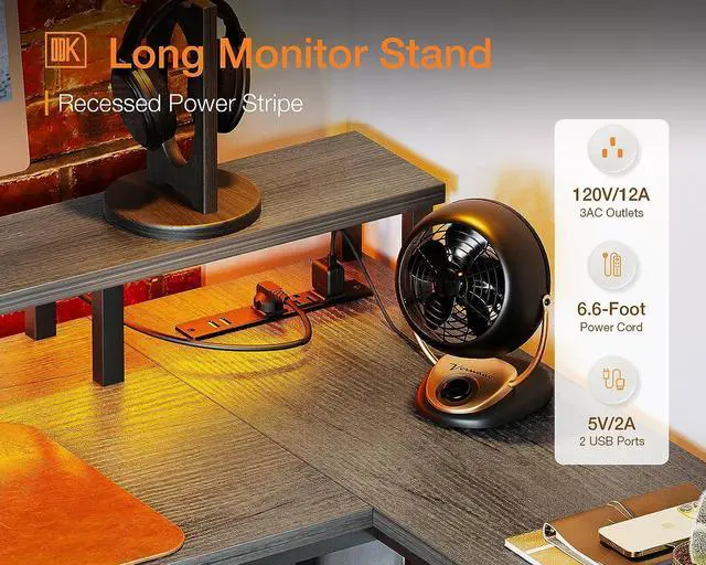 Alt view image 6 of 7 - 66" L Shaped Desk with File Drawer, Reversible L Shaped Computer Desk with Power Outlet & LED Strip, Home Office Desk with Storage Shelves, Gaming Desk with Monitor Shelf, Corner Desk, Grey