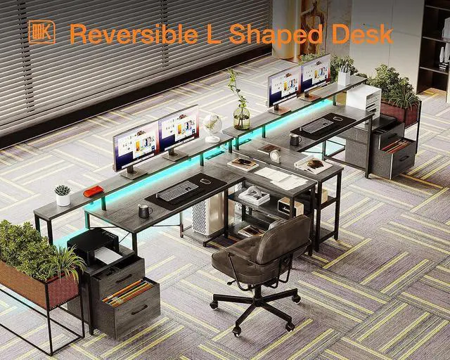 Alt view image 7 of 7 - 66" L Shaped Desk with File Drawer, Reversible L Shaped Computer Desk with Power Outlet & LED Strip, Home Office Desk with Storage Shelves, Gaming Desk with Monitor Shelf, Corner Desk, Grey