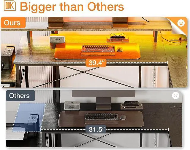 Alt view image 5 of 7 - 66" L Shaped Desk with File Drawer, Reversible L Shaped Computer Desk with Power Outlet & LED Strip, Home Office Desk with Storage Shelves, Gaming Desk with Monitor Shelf, Corner Desk, Grey