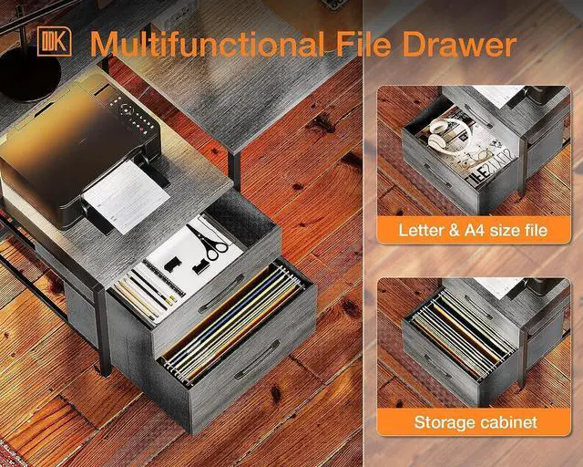 Alt view image 3 of 7 - 66" L Shaped Desk with File Drawer, Reversible L Shaped Computer Desk with Power Outlet & LED Strip, Home Office Desk with Storage Shelves, Gaming Desk with Monitor Shelf, Corner Desk, Grey