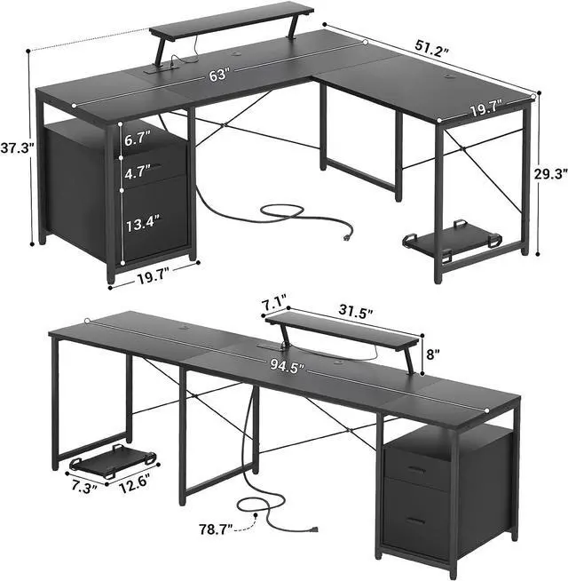 Alt view image 3 of 7 - 63" L-Shaped Desk with Power Outlet and LED Strip, L Shaped Computer Corner Desk with Reversible File Drawer and Monitor Stand, Gaming Table Writing Desk for Home Office Workstation, Black