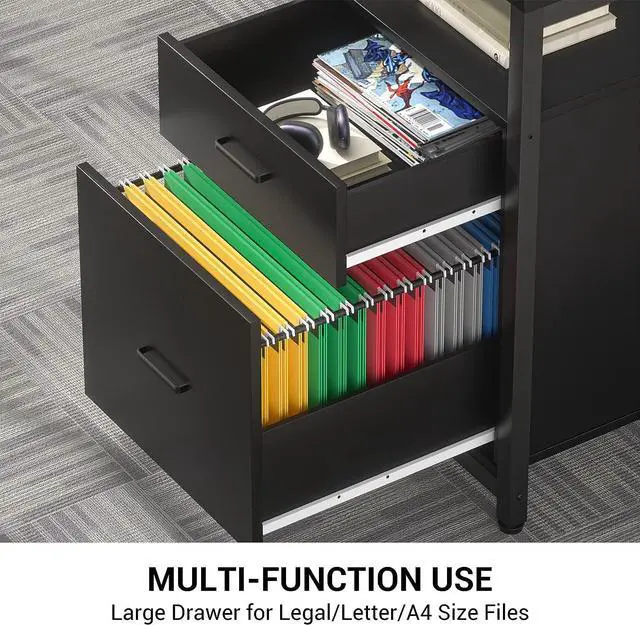 Alt view image 7 of 7 - 63" L-Shaped Desk with Power Outlet and LED Strip, L Shaped Computer Corner Desk with Reversible File Drawer and Monitor Stand, Gaming Table Writing Desk for Home Office Workstation, Black