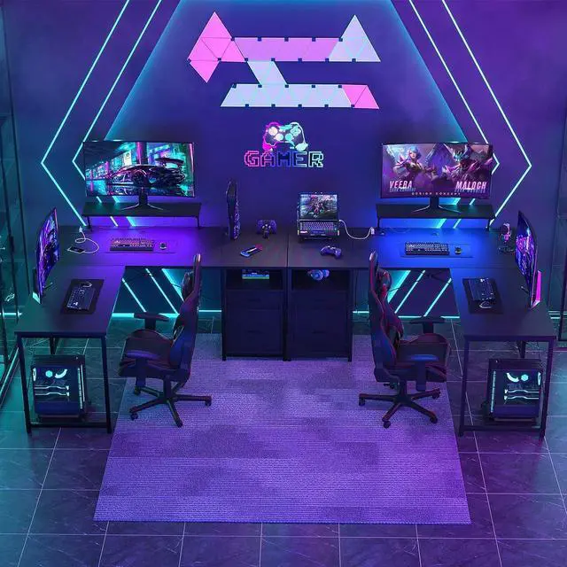 Alt view image 2 of 7 - 63" L-Shaped Desk with Power Outlet and LED Strip, L Shaped Computer Corner Desk with Reversible File Drawer and Monitor Stand, Gaming Table Writing Desk for Home Office Workstation, Black