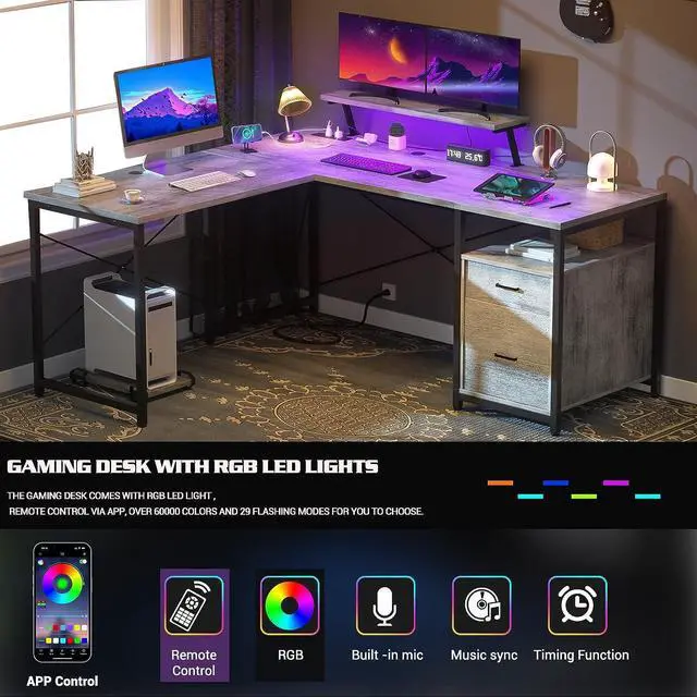 Alt view image 4 of 7 - 63" L-Shaped Desk with Power Outlet and LED Strip, L Shaped Computer Corner Desk with Reversible File Drawer and Monitor Stand, Gaming Table Writing Desk for Home Office Workstation, White Oak