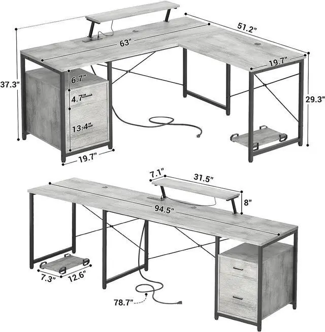 Alt view image 3 of 7 - 63" L-Shaped Desk with Power Outlet and LED Strip, L Shaped Computer Corner Desk with Reversible File Drawer and Monitor Stand, Gaming Table Writing Desk for Home Office Workstation, White Oak
