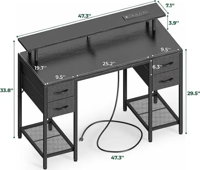 Alt view image 3 of 7 - 47" Computer Desk with 4 Drawers, Gaming Desk with LED Lights & Power Outlets, Home Office Desk with Large Storage Space for Bedroom, Work from Home, Black