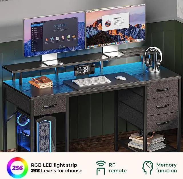 Alt view image 4 of 7 - 47" Computer Desk with 4 Drawers, Gaming Desk with LED Lights & Power Outlets, Home Office Desk with Large Storage Space for Bedroom, Work from Home, Black