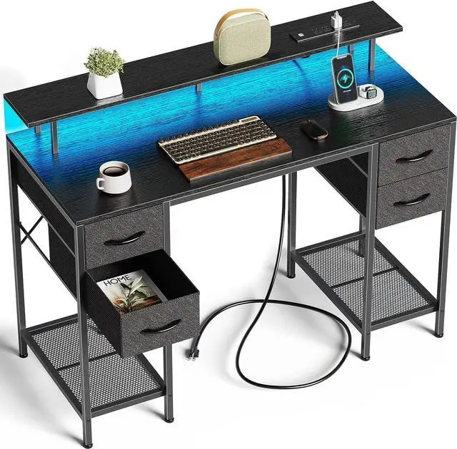 Main image of 47" Computer Desk with 4 Drawers, Gaming Desk with LED Lights & Power Outlets, Home Office Desk with Large Storage Space for Bedroom, Work from Home, Black