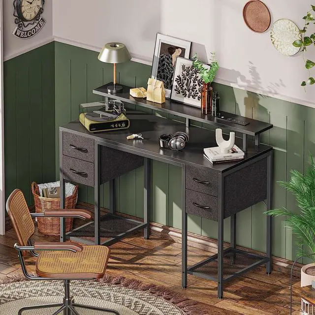 Alt view image 2 of 7 - 47" Computer Desk with 4 Drawers, Gaming Desk with LED Lights & Power Outlets, Home Office Desk with Large Storage Space for Bedroom, Work from Home, Black