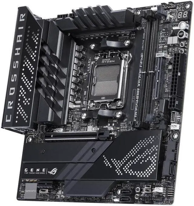 Alt view image 4 of 7 - ASUS ROG CROSSHAIR X670E GENE (AM5, AMD X670,micro-ATX ,DDR5, 3 x M.2 slots 4 x SATA
6Gb/s ports, 2.5Gb Ethernet ,Wi-Fi 6E, USB 3.2 Gen 2 Type-C USB4, EZ Flash ,Aura Sync )
