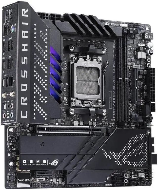 Alt view image 3 of 7 - ASUS ROG CROSSHAIR X670E GENE (AM5, AMD X670,micro-ATX ,DDR5, 3 x M.2 slots 4 x SATA
6Gb/s ports, 2.5Gb Ethernet ,Wi-Fi 6E, USB 3.2 Gen 2 Type-C USB4, EZ Flash ,Aura Sync )