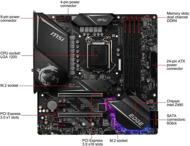 Alt view image 2 of 6 - MSI MPG Z490M GAMING EDGE WIFI LGA 1200 Micro ATX Intel Motherboard
