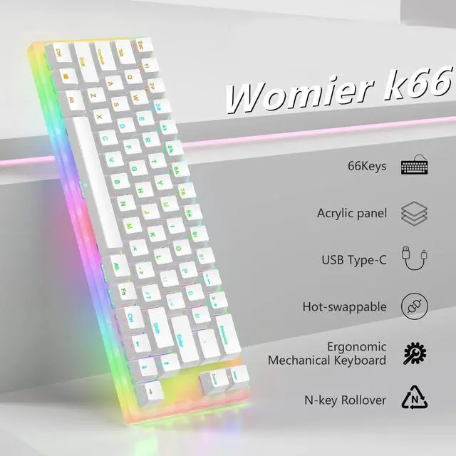 Alt view image 6 of 6 - Womier K66 60% Mechanical Keyboard, Hot Swappable Wired RGB Backlit Keyboard, Gateron Switch Acrylic Gaming Keyboard for PC PS4 Xbox (Brown Switch,White)